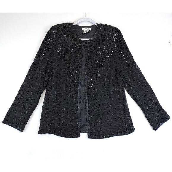 Silk Open Jacket Beaded Sequin AP Ltd Women M Black Evening Cocktail Festive Vtg - Picture 1 of 16